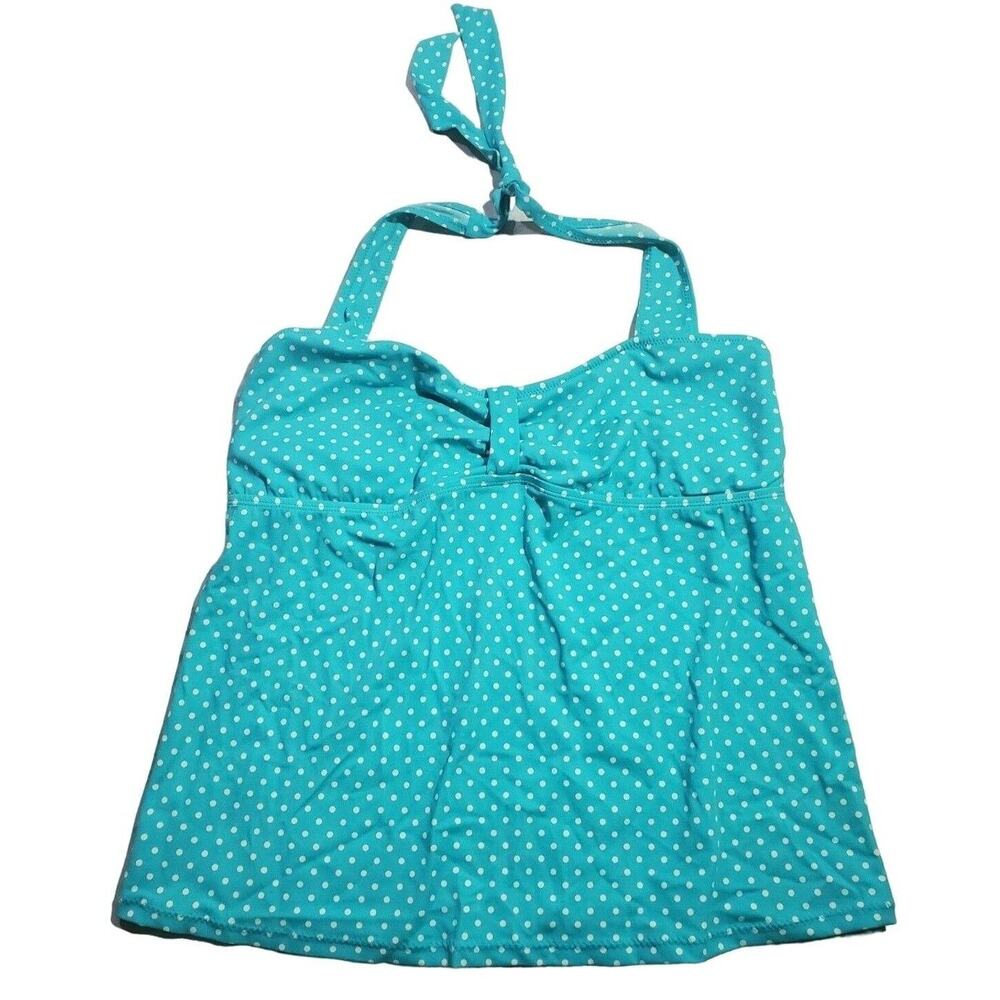 Motherhood Swim Top L Womens Blue White Polka Dot Halter Tie Pullover Tankini